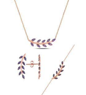 Söğütlü Silver Gümüş rose mor taşlı yaprak üçlü set