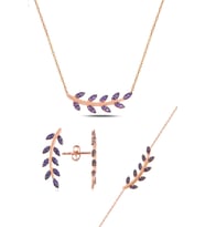Söğütlü Silver Gümüş rose mor taşlı yaprak üçlü set
