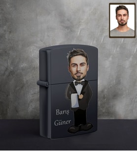 Kişiye Özel Şef Garson Karikatürlü UV Baskılı Siyah Benzinli Çakmak Bay-1