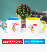 İkili Sevgiliye Sevgililer Günü Hediyesi 1 Kupa Bardak Mavi Sarı