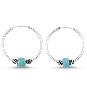 Boncuklu Gümüş Halka Küpe 16 mm wsk09-16 (Mavi)
