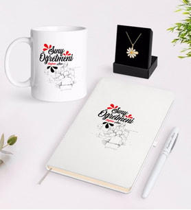 BK Gift Kişiye Özel Sınıf Öğretmeni Beyaz Kupa Defter Kalem ve İsimli Papatya Kolye Hediye Seti-12 (Model 1)
