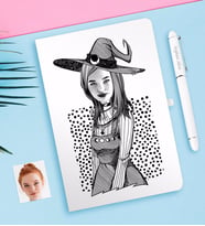 BK Gift Kişiye Özel Bayan Cadı Karikatürlü Beyaz Defter ve Kalem Hediye Seti