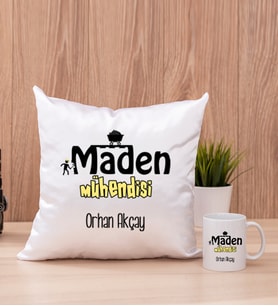 Maden Mühendisi Kare Yastık ve Beyaz Kupa Bardak