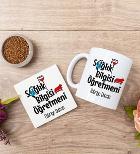 Sağlık Bilgisi Öğretmeni Beyaz Kupa Bardak Ve Bardak Altlığı Seti