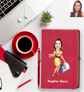 Kişiye Özel Bayan Karikatürlü Kırmızı Defter Kalem Hediye Seti Model-3