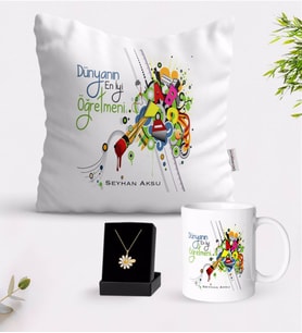 BK Gift Kişiye Özel Dünyanın En İyi Öğretmeni Beyaz Kupa Yastık ve İsimli Papatya Kolye Hediye Seti-27 (Model 1)