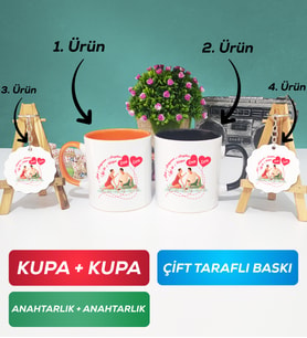 İkili Turuncu Siyah Sevgiliye Sevgililer Günü Hediyesi 5 Kupa Bardak Anahtarlık