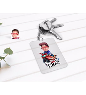 BK Gift Kişiye Özel Motorcu Çocuk Karikatürlü Şeffaf Pleksi Anahtarlık-1 (Beyaz)