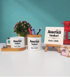 Anestezi Teknikeri Tasarımlı Kişiye Özel Hediye Anestezi Teknikeri Ahşap Altlıklı Fincan Kalemlik ve Dekoratif Taş Baskı Seti