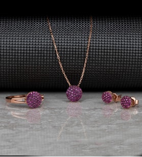 Gümüş Zirkon Taşlı " Nokta Daire " Tasarım Kolye-Küpe-Yüzük Set (Rose)