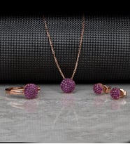 Gümüş Zirkon Taşlı " Nokta Daire " Tasarım Kolye-Küpe-Yüzük Set (Rose)