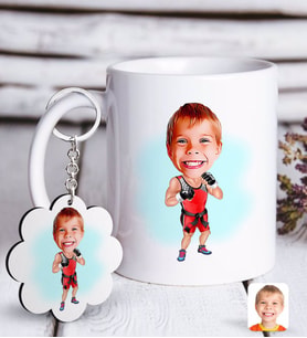 BK Gift Kişiye Özel Çocuk Kick Box Karikatürlü Beyaz Kupa ve Anahtarlık Hediye Seti-1 (Model 1)