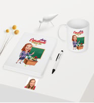 BK Gift Kişiye Özel Bayan Öğretmen Temalı Karikatürlü Beyaz Defter Kalem Kupa Seti - 1
