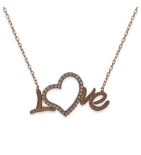LOVE Kalpli Beyaz Zirkon Taş Rose Kaplama Gümüş Hayalet Kolye (Rose-Beyaz)