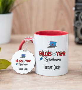 Bilgisayar Öğretmeni Kırmızı Kupa Bardak Ve Anahtarlık Set