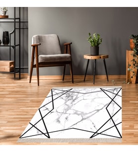 Mermer Desenli Dijital Baskı Yıkanabilir Kaymaz Taban Salon Halı ve Yolluk (Siyah - Beyaz)