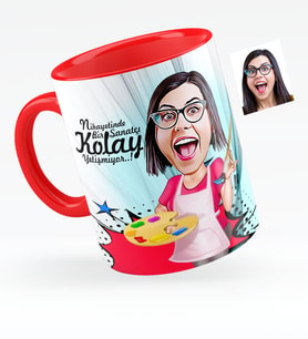 BK Gift Kişiye Özel Bayan Ressam Karikatürlü Kırmızı Kupa Bardak  1