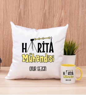 Harita Mühendisi Kare Yastık ve Sarı Kupa Bardak