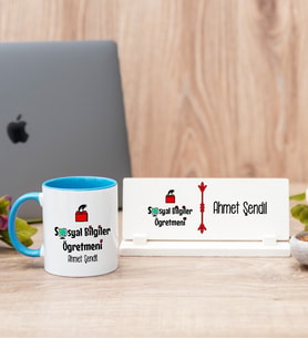 Sosyal Bilgiler Öğretmeni Mavi Kupa Bardak Ve Masa İsimliği Hediye Seti