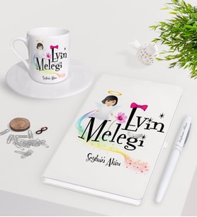 BK Gift Kişiye Özel Evin Meleği Beyaz Defter Kalem Türk Kahvesi Fincanı Seti-1 (Model 1)