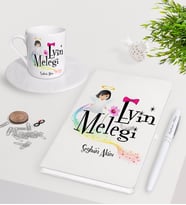 BK Gift Kişiye Özel Evin Meleği Beyaz Defter Kalem Türk Kahvesi Fincanı Seti-1 (Model 1)