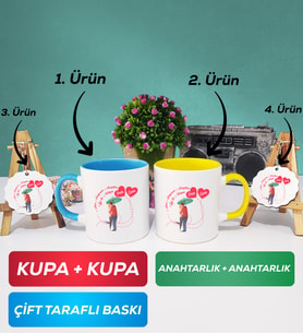 İkili Mavi Sarı Sevgiliye Sevgililer Günü Hediyesi 3 Kupa Bardak Anahtarlık