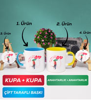 İkili Mavi Sarı Sevgiliye Sevgililer Günü Hediyesi 3 Kupa Bardak Anahtarlık