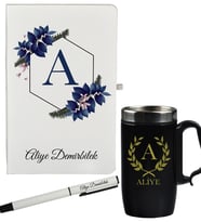 Kişiye Özel Şık Tasarım Hediye Defter Kalem Ve Siyah Termos Mug Seti