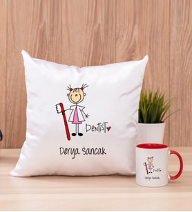 Bayan Diş Hekimi Karikatürü Kare Yastık ve Kırmızı Kupa Bardak