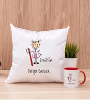Bayan Diş Hekimi Karikatürü Kare Yastık ve Kırmızı Kupa Bardak