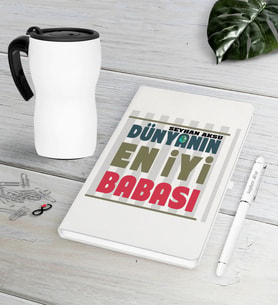 BK Gift Kişiye Özel Dünyanın En İyi Babası Beyaz Defter Kalem Termos Mug Seti-1 (Model 1)