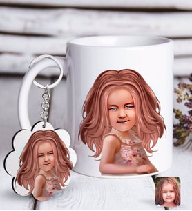BK Gift Kişiye Özel Kız Çocuk İllüstrasyon Tasarımlı Beyaz Kupa ve Anahtarlık Hediye Seti-3 (Model 1)