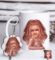 BK Gift Kişiye Özel Kız Çocuk İllüstrasyon Tasarımlı Beyaz Kupa ve Anahtarlık Hediye Seti-3 (Model 1)