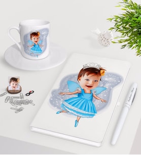 BK Gift Kişiye Özel Çocuk Balerin Karikatürlü Beyaz Defter Kalem Türk Kahvesi Fincanı Seti-1 (Model 1)