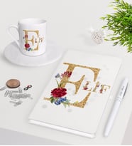BK Gift Kişiye Özel Harfli Beyaz Defter Kalem Türk Kahvesi Fincanı Seti-4 (Model 1)