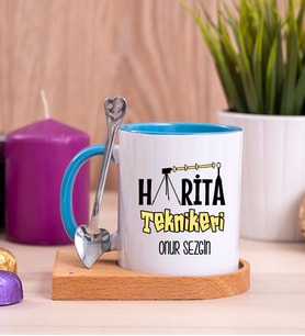 Harita Teknikeri Ahşap Altlıklı Mavi Kupa Bardak