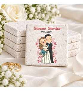 30 Adet Kişiye Özel Baskılı Doğal Taş Magnet 5x5cm Söz, Nikah, Nişan Hatırası (Beyaz)
