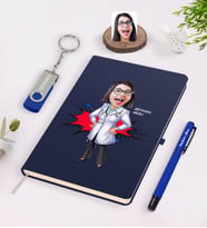 BK Gift Kişiye Özel Kadın Doktor Karikatürlü Lacivert Defter Kalem 32gb USB Bellek Hediye Seti-1 (Model 1)