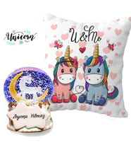 Kişiye Özel Sihirli Unicorn Işıklı Kar Küresi & Puf Yastık Arkadaşa Hediye