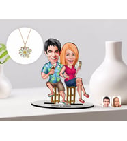BK Gift Kişiye Özel Sevgililer Karikatürlü 3D Ahşap Biblo ve Çift İsimli Papatya Kolye Seti-51 (Model 1)