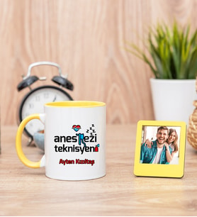 Anestezi Teknisyeni Sarı Kupa Bardak ve Sarı Mini Fotoğraf Çerçevesi