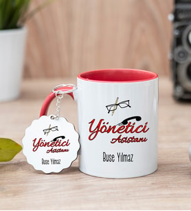 Yönetici Asistanı Kırmızı Kupa Bardak Ve Anahtarlık Set