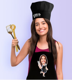 BK Gift Kişiye Özel Bayan Chef Karikatürlü Siyah Mutfak Önlüğü Aşçı Şapkası Seti-2