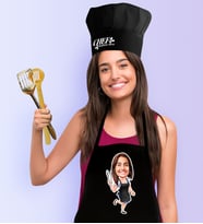 BK Gift Kişiye Özel Bayan Chef Karikatürlü Siyah Mutfak Önlüğü Aşçı Şapkası Seti-2