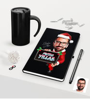 BK Gift Kişiye Özel Yılbaşı Bay Karikatürlü Siyah Defter Kalem Termos Mug Seti - 1