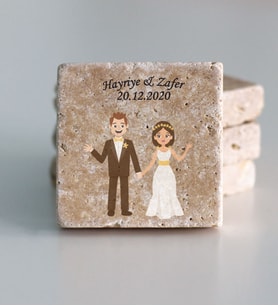 Kişiye Özel Doğal Taş İsimli Ve Tarihli Nikah Şekeri Magnet 5x5cm 30 Adet