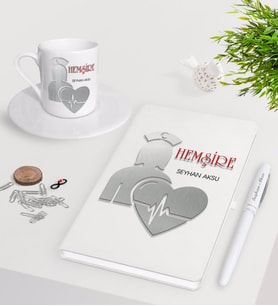 BK Gift Kişiye Özel Hemşire Beyaz Defter Kalem Türk Kahvesi Fincanı Seti-4 (Model 1)