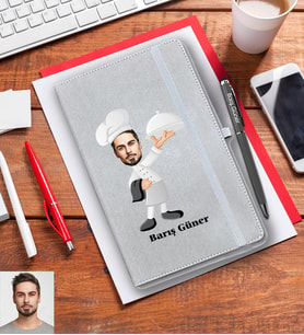 Kişiye Özel Aşçı Karikatürlü Gri Defter Kalem Hediye Seti Bay-3