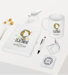 BK Gift Kişiye Özel En İyi Sınıf Öğretmeni Temalı Beyaz Defter Kalem Kupa Ayna Seti - 3